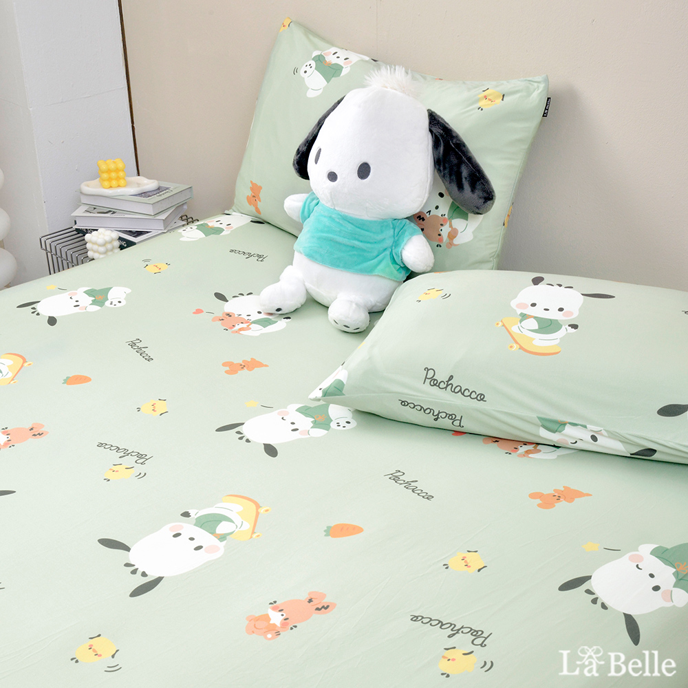 [超值組合]義大利La Belle《Sanrio-淘氣帕恰狗》雙人海島針織床包枕套組+大容量洗衣袋1入