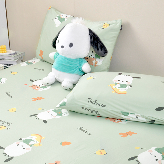 [超值組合]義大利La Belle《Sanrio-淘氣帕恰狗》單人海島針織床包枕套組+大容量洗衣袋1入