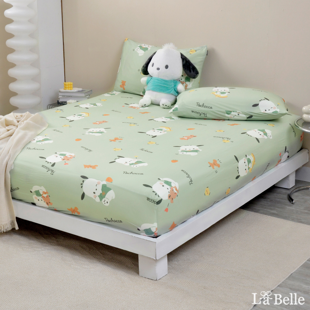 [超值組合]義大利La Belle《Sanrio-淘氣帕恰狗》單人海島針織床包枕套組+大容量洗衣袋1入