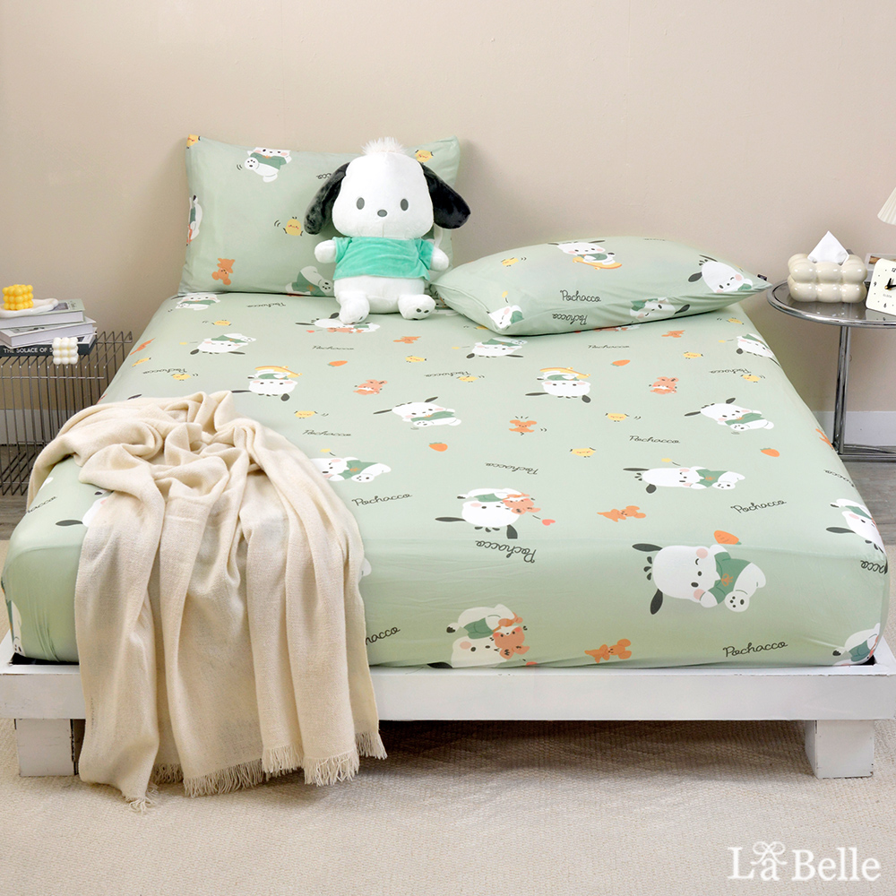 [超值組合]義大利La Belle《Sanrio-淘氣帕恰狗》單人海島針織床包枕套組+大容量洗衣袋1入