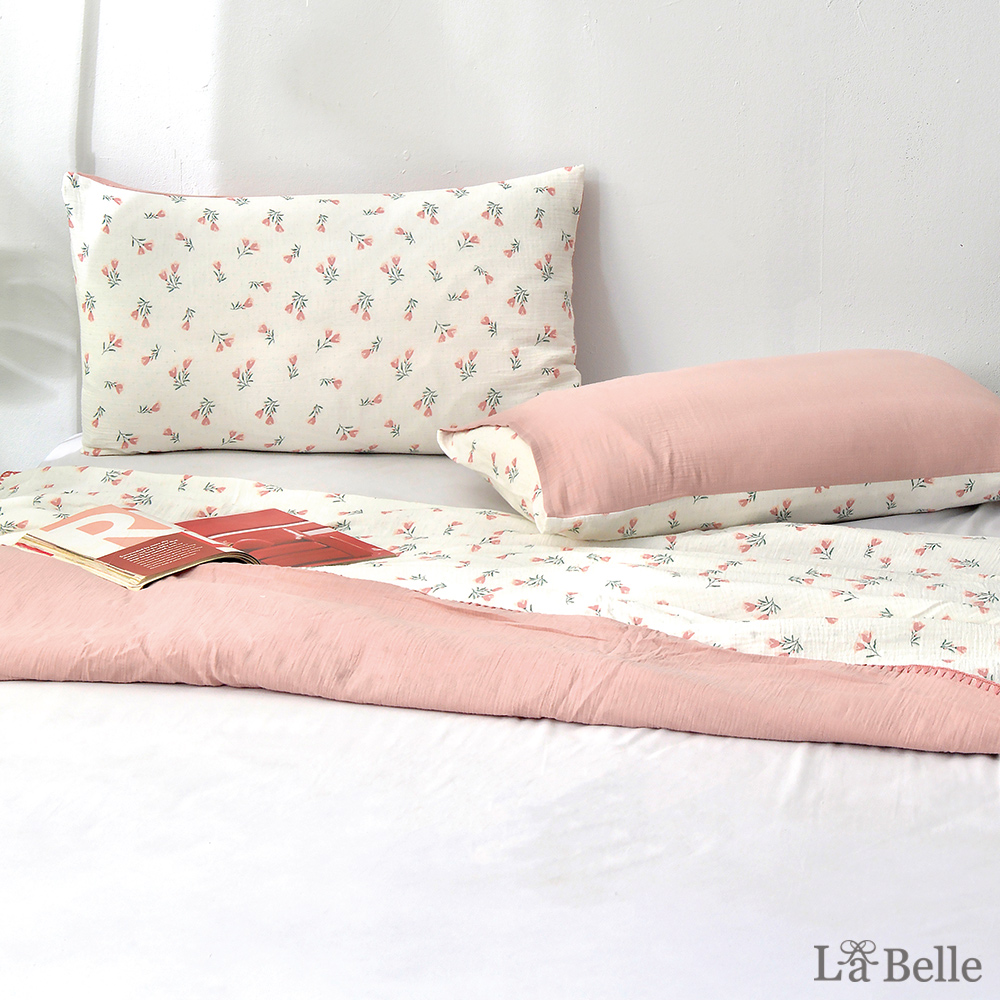 義大利La Belle《粉粉丁香》日系親膚純棉水洗雙層泡泡紗信封枕套--2入
