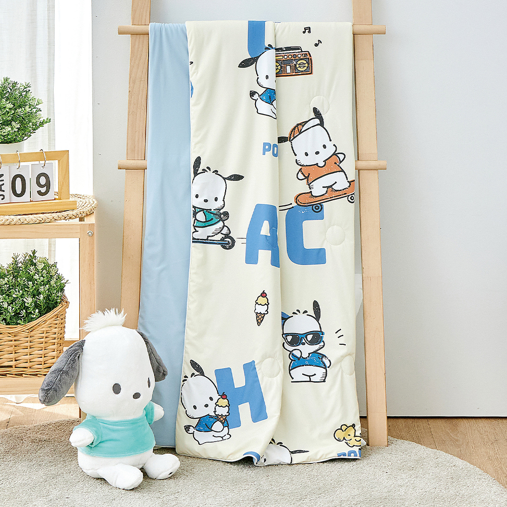 [超值組合]義大利La Belle《Sanrio-POCHACCO帕恰舒芙蕾》眠綿冰兒童玻尿酸抗菌涼感涼被(100x120CM)+舒柔水洗枕