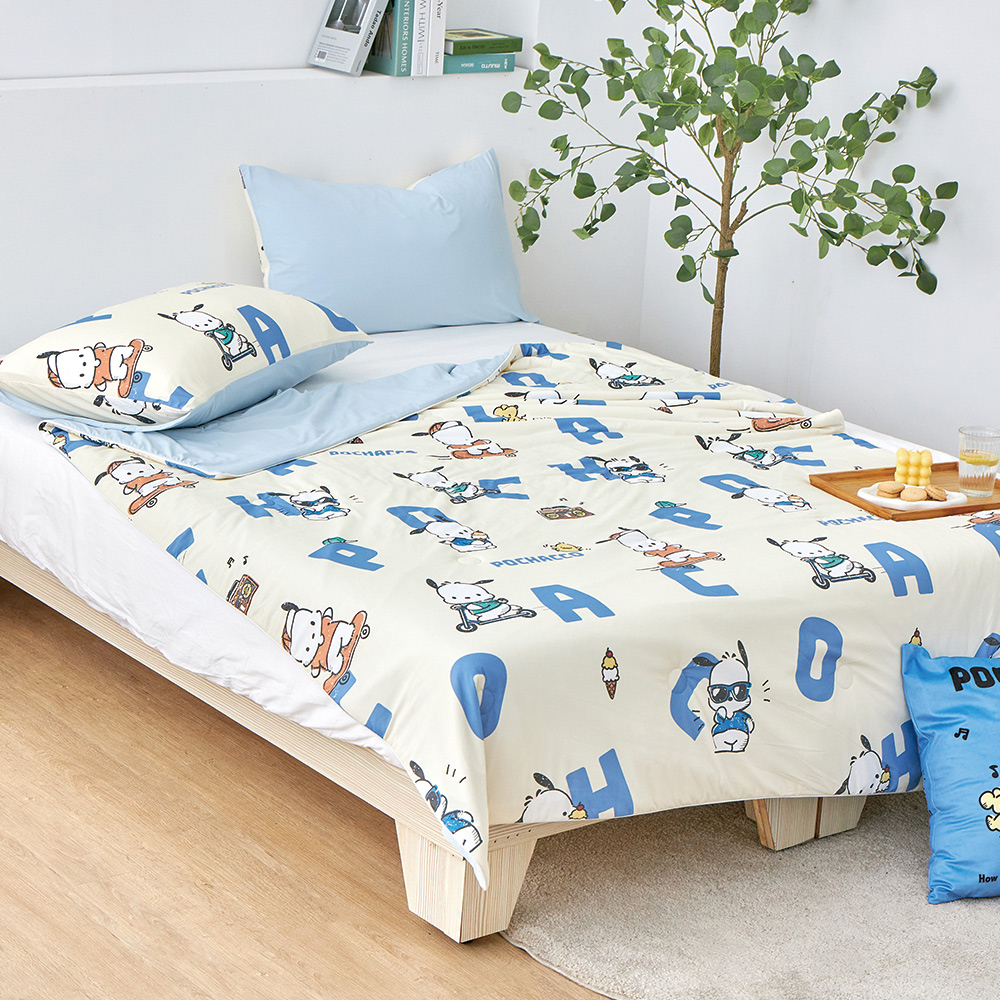 [超值組合]義大利La Belle《Sanrio-POCHACCO帕恰舒芙蕾》眠綿冰玻尿酸抗菌涼感涼被(5x6.5尺)+舒柔水洗枕