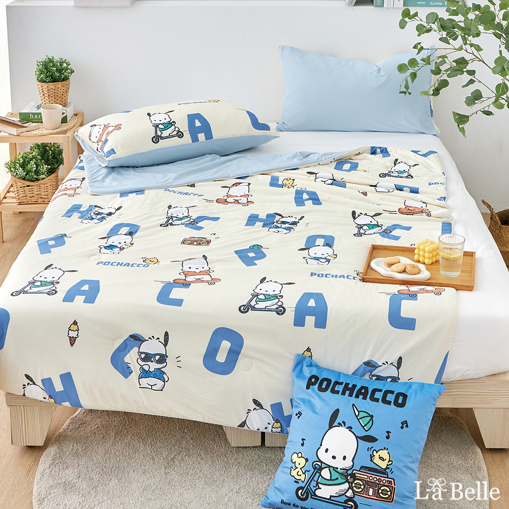 [超值組合]義大利La Belle《Sanrio-POCHACCO帕恰舒芙蕾》眠綿冰玻尿酸抗菌涼感涼被(5x6.5尺)+舒柔水洗枕