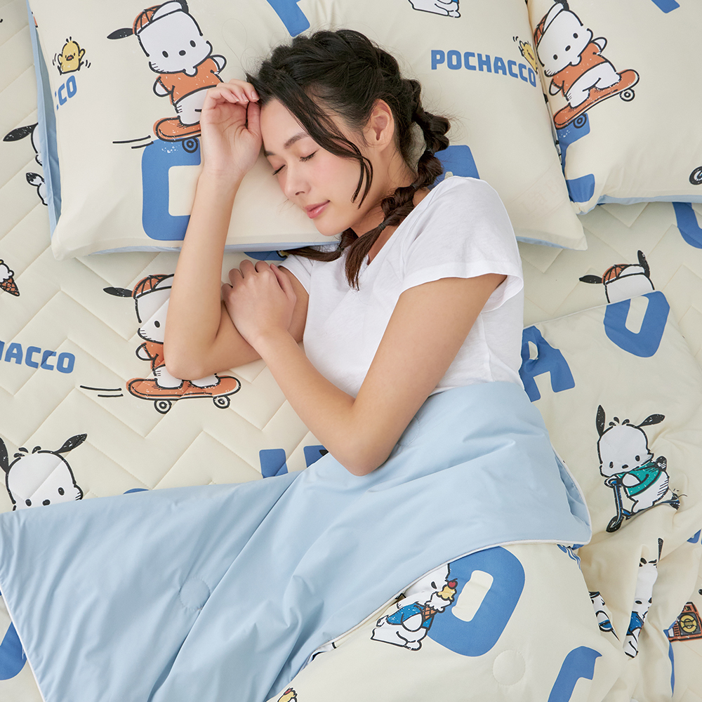 [超值組合]義大利La Belle《Sanrio-POCHACCO帕恰舒芙蕾》雙人乳膠眠綿涼感刨冰墊+舒柔水洗枕