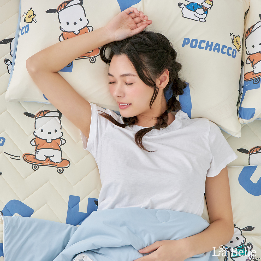 [超值組合]義大利La Belle《Sanrio-POCHACCO帕恰舒芙蕾》單人乳膠眠綿涼感刨冰墊+舒柔水洗枕
