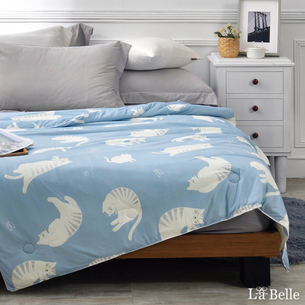 義大利La Belle《懶懶貓-藍》海島針織防蟎抗菌涼被5*6尺