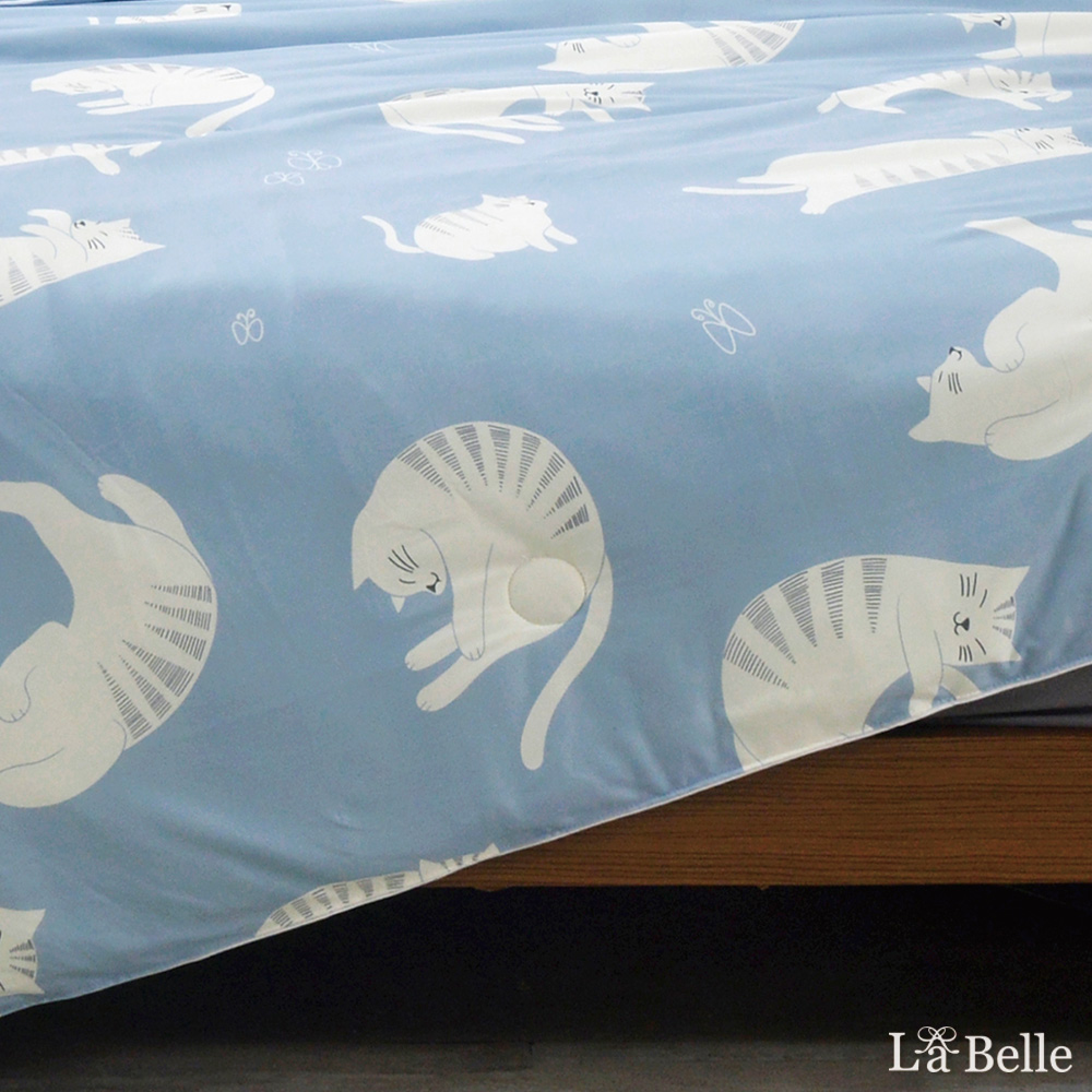 義大利La Belle《懶懶貓-藍》海島針織防蟎抗菌涼被5*6尺