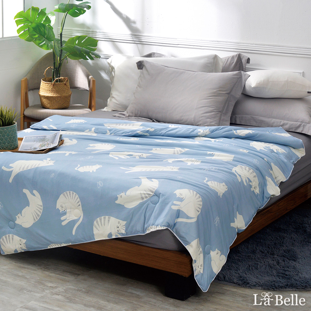 義大利La Belle《懶懶貓-藍》海島針織防蟎抗菌涼被5*6尺
