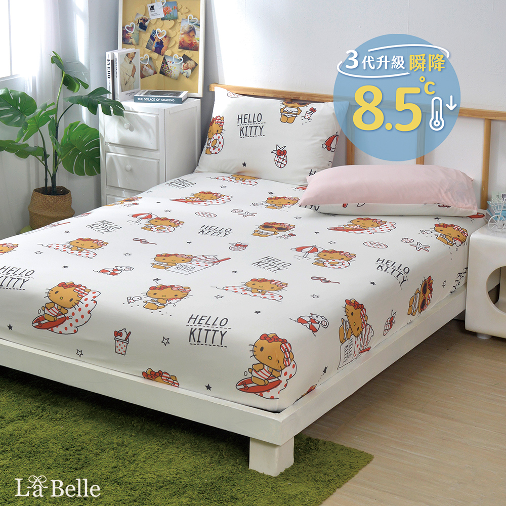 [超值組合]義大利La Belle《Sanrio-曬黑Hello Kitty》ICECOOL眠綿冰雙人涼感床包枕套組+舒柔水洗枕