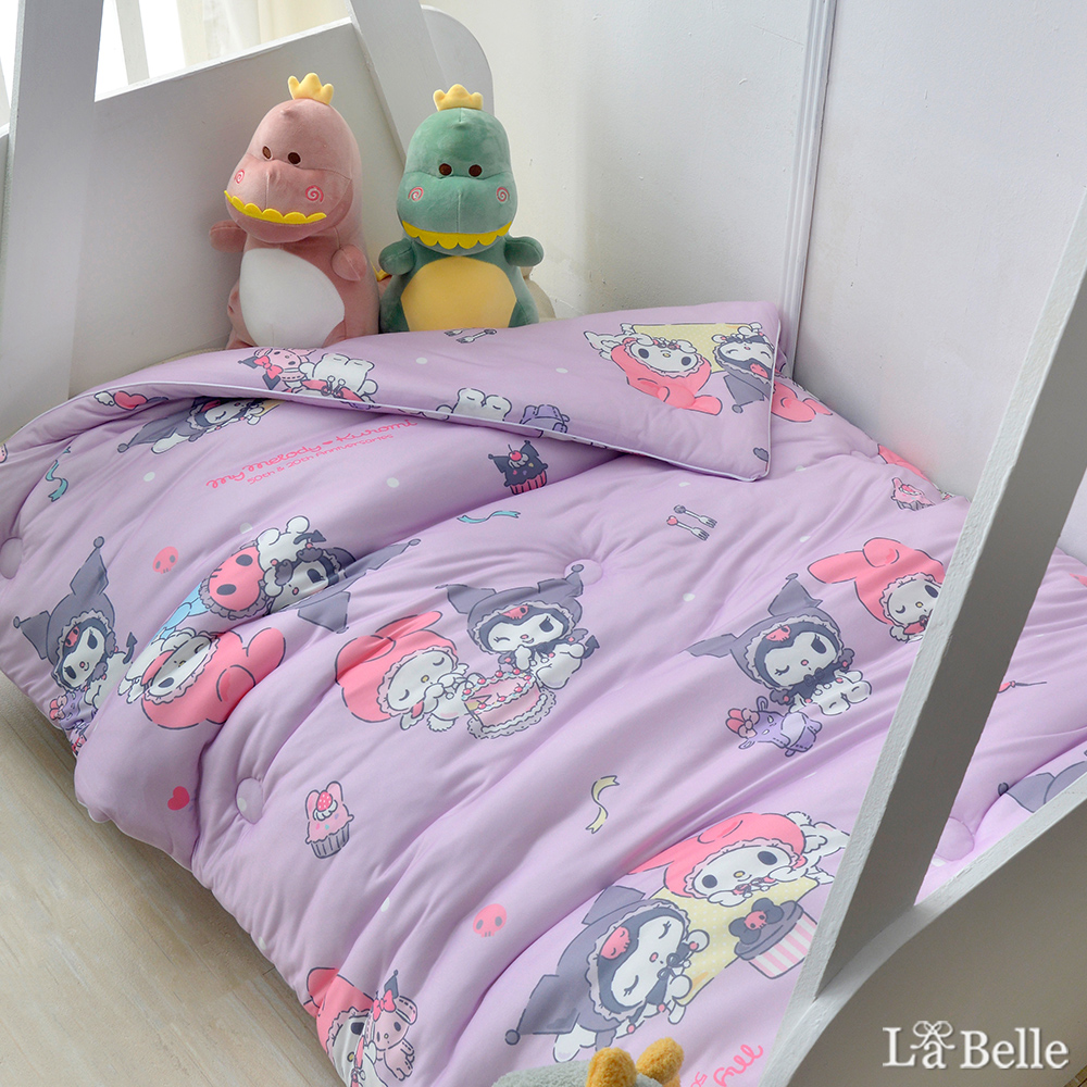 [超值組合]義大利La Belle《Sanrio-My Melody & KUROMI白粉天使》海島針織兒童抗菌暖暖被105*135CM+大容量洗衣袋