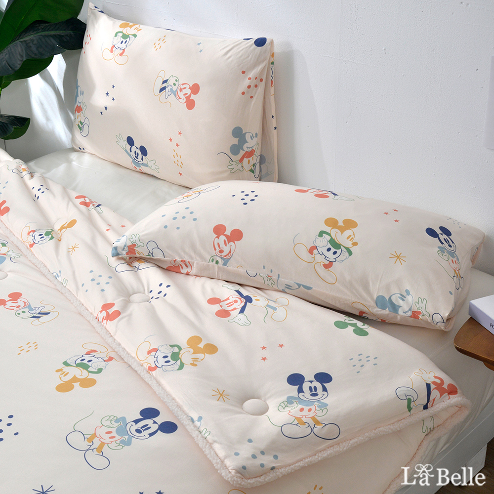 [超值組合]義大利La Belle《Disney-彩虹米奇》海島針織防蟎抗菌暖暖被150*195CMM+大容量洗衣袋